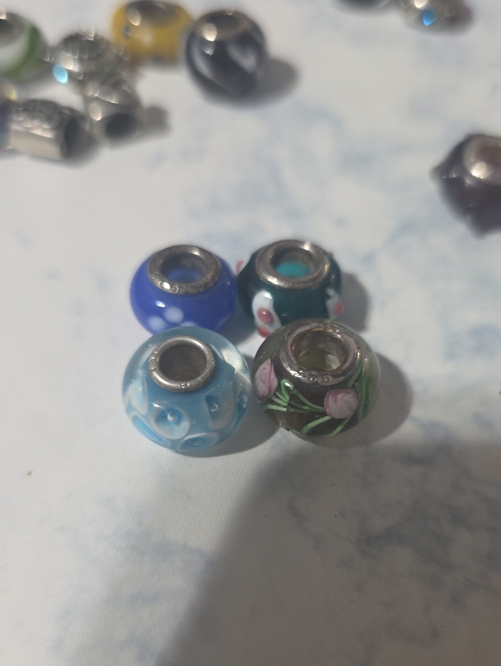 Pandora Blue and Teal Floral Glass European Charm Beads